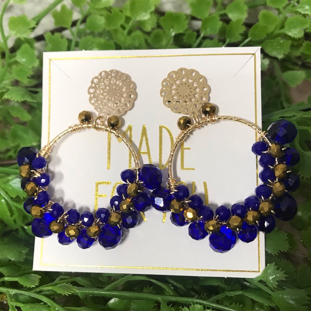 HANDMADE Blue and Gold Crystal Earring Gold Plated